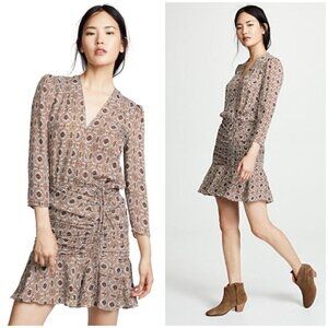 💕VERONICA BEARD💕 Alamo Printed Ruched 100% Silk Dress ~ Rust/Ivory 10 NWOT